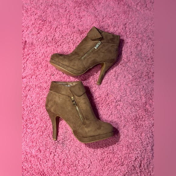 Top Moda George Booties Heels Folded Ankle Wrap Boots Tan Platform Faux Leather - Picture 1 of 4